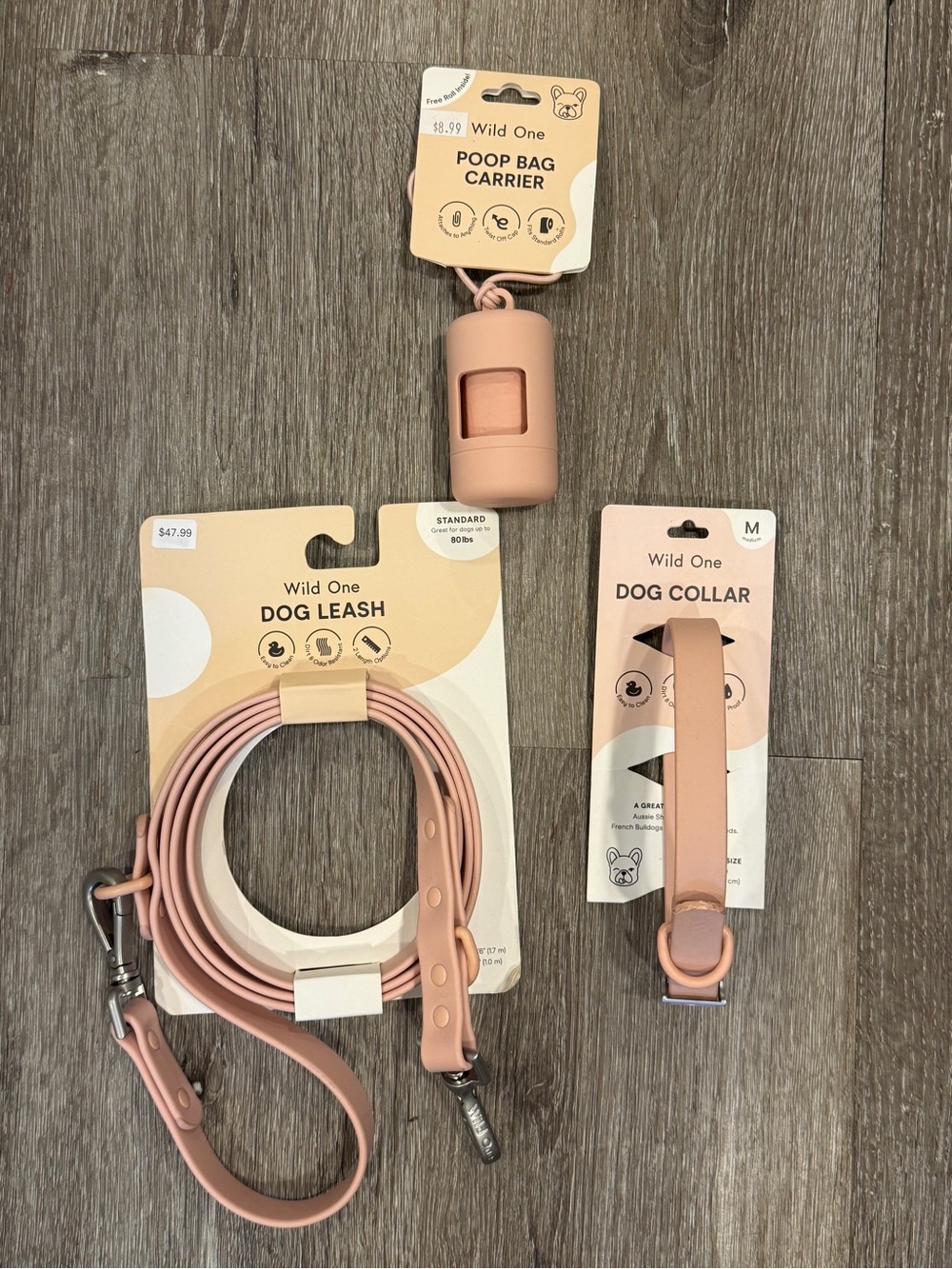 Wild One Blush Dog Walk Set – Leash + Medium Collar + Poop Bag Carrier